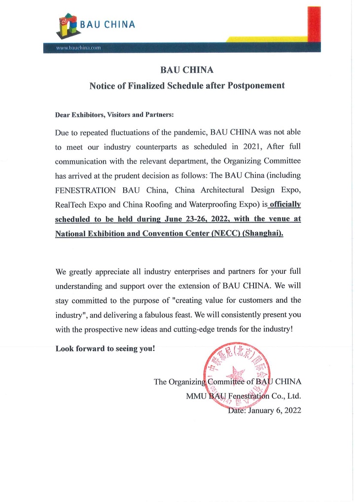 BAU CHINA Notice of Finalized Schedule after Postponement