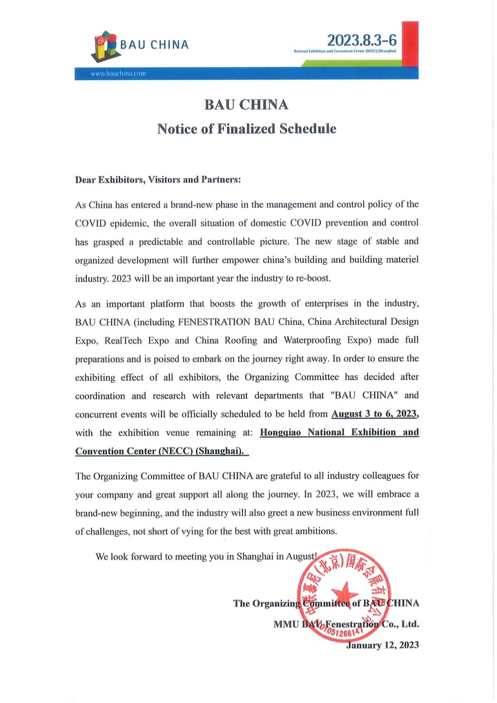 BAU CHINA Notice of Finalized Schedule